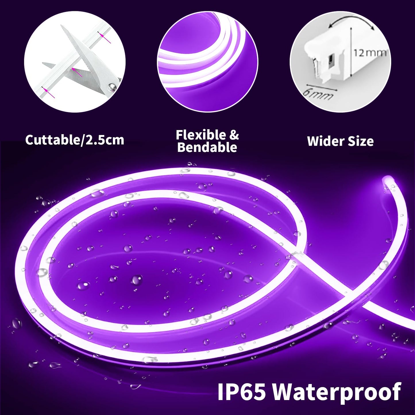 iNextStation 5M/16.4FT Purple Neon LED Strip Light, 12V Flexible Silicone Neon Rope Lights, IP65 Waterproof Cuttable LED Light with Adapter and Touch Dimmer for Gaming Room, Bedroom(with Adapter)