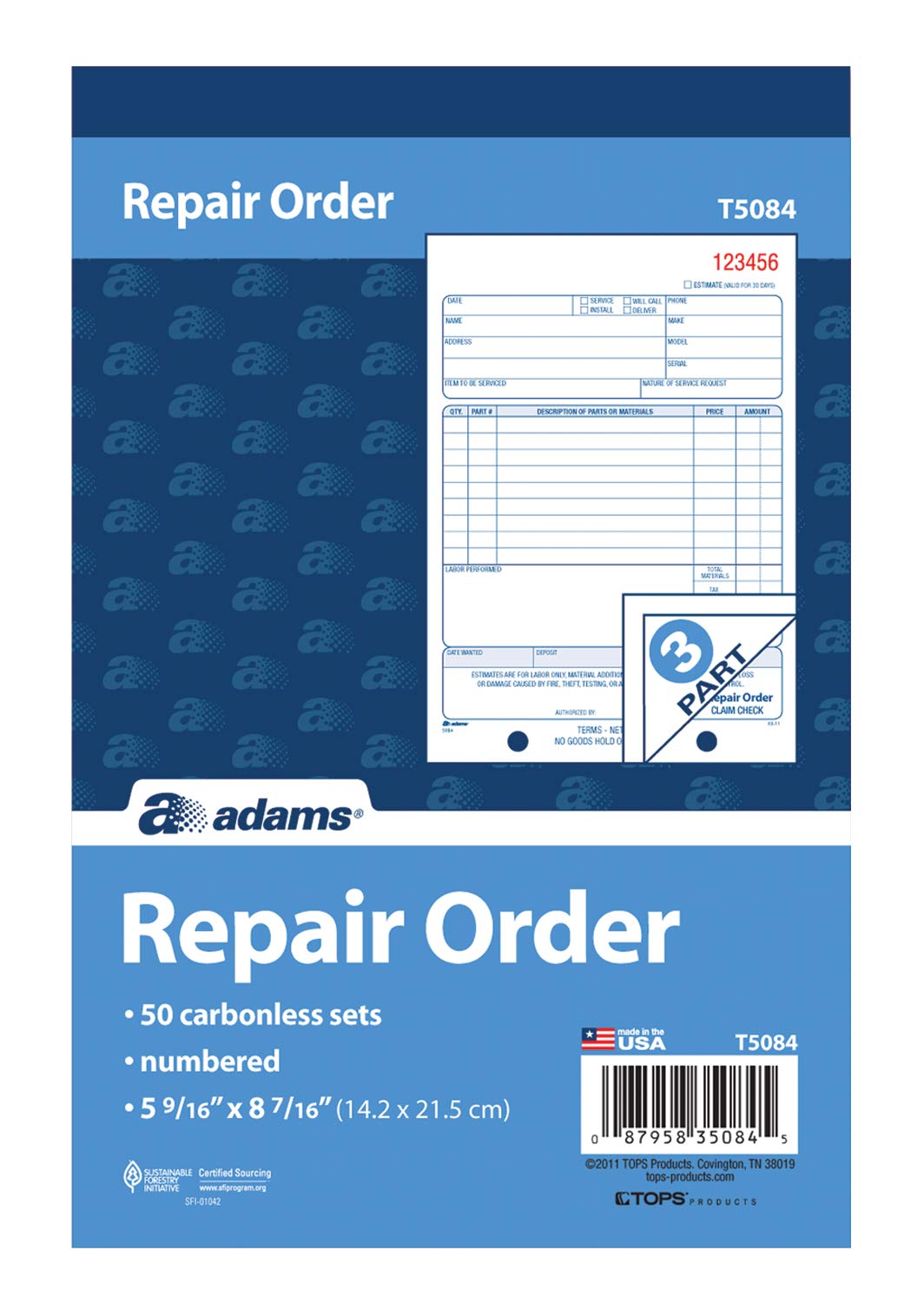 Adams Repair Order Book, 3-Part Carbonless, White/White/White, 5-9/16 x 8-7/16 Inches, 50 Sets (T5084)