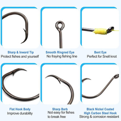 Circle Hooks - 50Pcs Super Sharp Offset Catfish & Octopus Hooks | Nickel Coated High Carbon Steel, Sizes #1-8/0