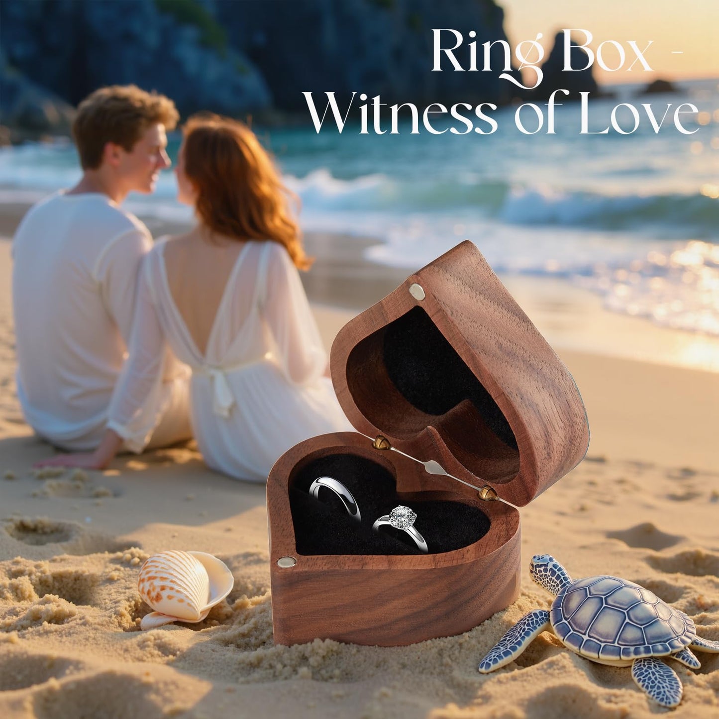 SAMAH Ocean Resin Heart Engagement Ring Box, Personalized Walnut Wooden Ring Box, Ring Display Box for Proposal, Wedding, Anniversary, Valentine's Day, Christmas, Birthday Gifts for Women