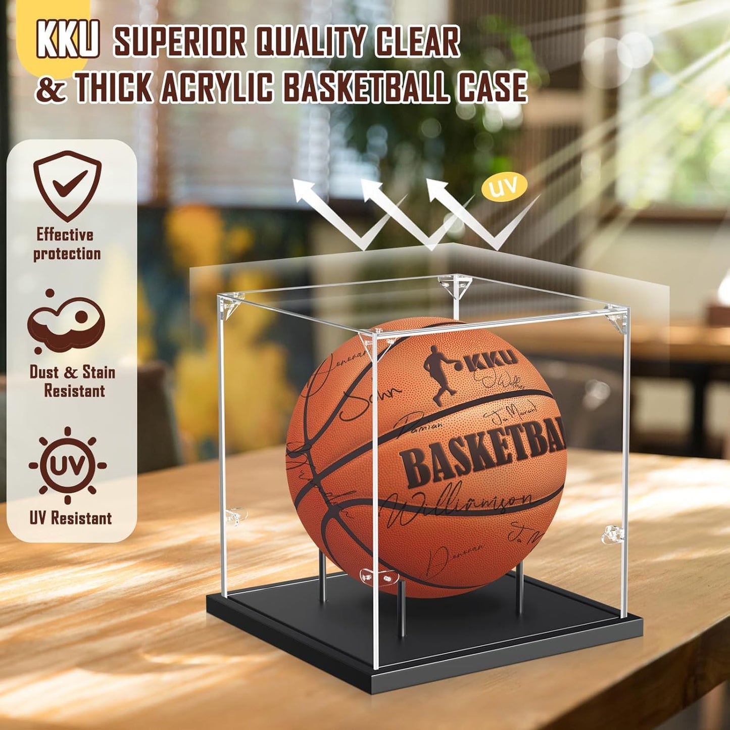 KKU Basketball Display Case, Acrylic Clear Full Size Basketball Case with Solid Wood Base,UV Protected Soccer Basketball Display Stand for Autographed Standard Memorabilia Keepsake, Black