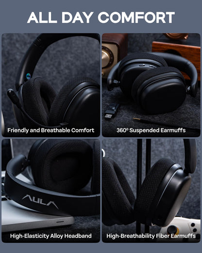 EPOMAKER X Aula G7 Pro Wireless Gaming Headset, Dual Mode BT5.3 & 2.4GHz, 7.1 Surround Sound, 80+ Hour Battery, RGB Light, with Noise Canceling Mic for PS5, PS4, Switch, PC (Black)