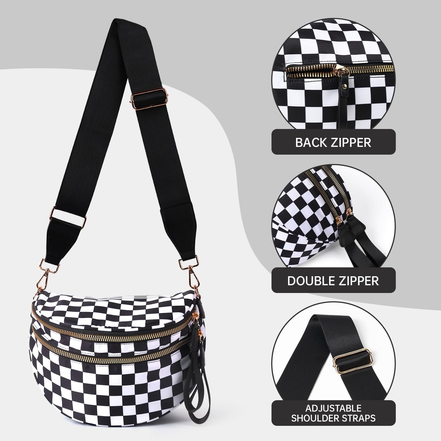 FFEDAYUN Checkered Crossbody Bag Spacious Bum Bags for Women Nylon Fanny Packs Belt Bag Handbags Wallets for Shopping Travel,Black White