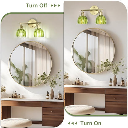 Vintage Bathroom Light Fixtures,2-Light Hardwired Vanity Lights Over Mirror,Gold Wall Sconces with Green Tulip Glass Shade for Bathroom Living Room,E26 Socket(Bulbs Not Included)
