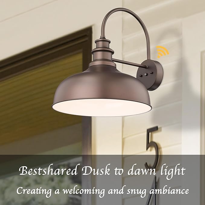 Bestshared 16 Inch Dome Large Dusk to Dawn Sensor Gooseneck Barn Light Anti-Rust Farmhouse Outdoor Wall Sconce Industrial Exterior Wall Lighting Fixture, Outside Lantern G (ORB+White, 16” Dome-1Pack)