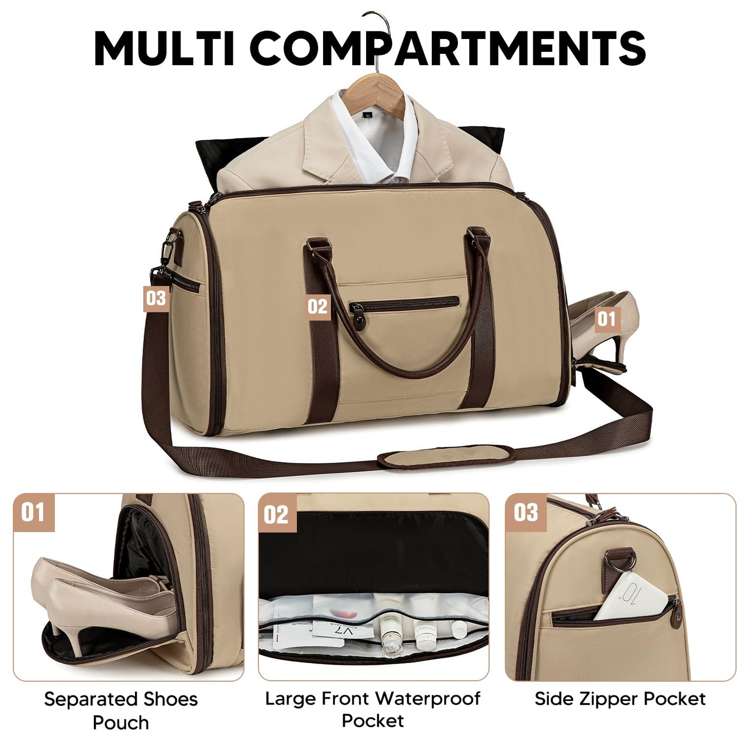 Vessgra 2 in 1 Duffle Bag, Carry On Duffle Bags for Women, 2 in 1 Suit Bag with Shoes Compartment 45L Garment Bag for Airplane Travel,Garment Bags with Shoulder Strap,(Khaki)