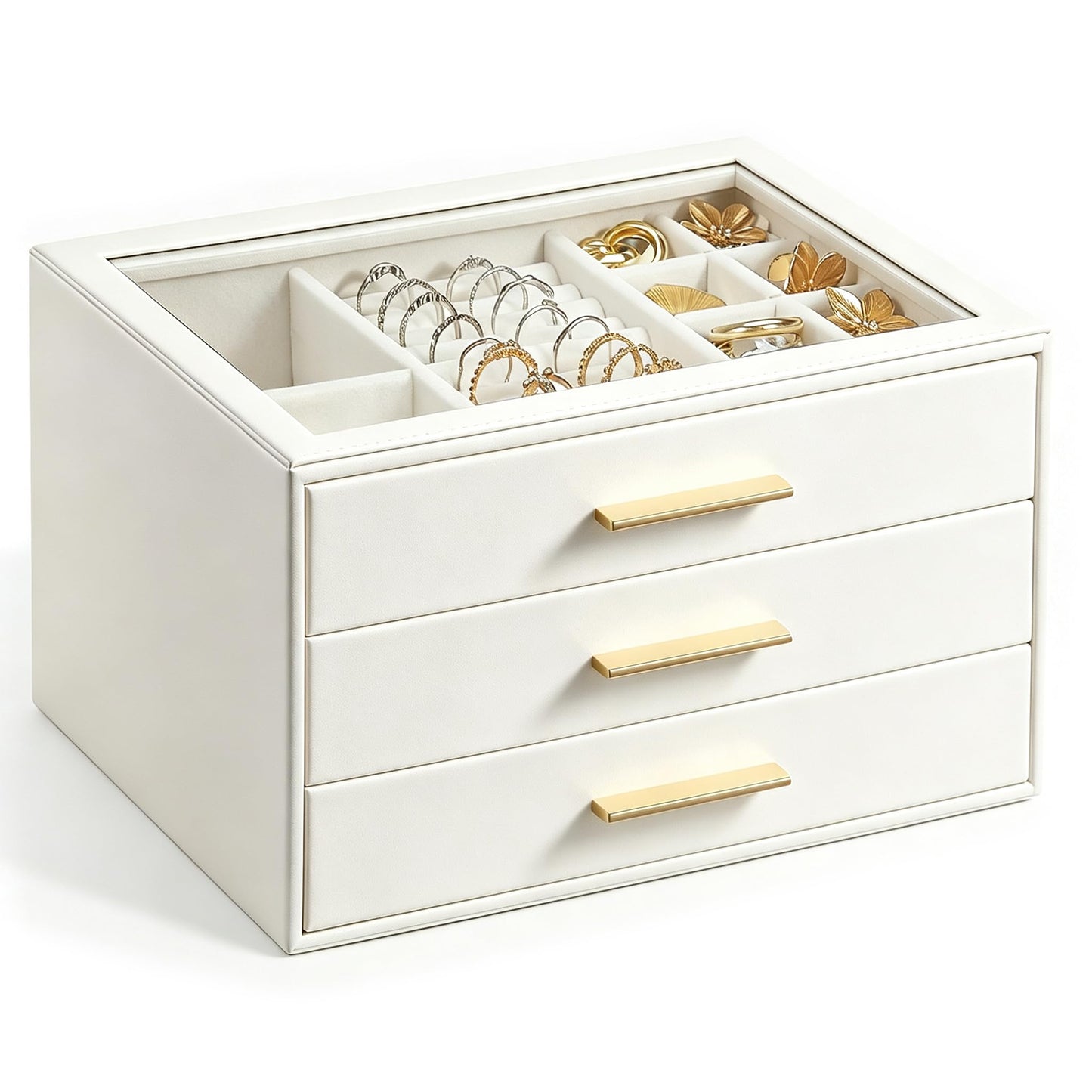 GUOER Jewelry Box for Women, Glass Lid Jewelry Organizer with 3 Drawers PU Jewelry Storage Case for Necklaces Rings Earrings Bracelets, Mother's Day, White