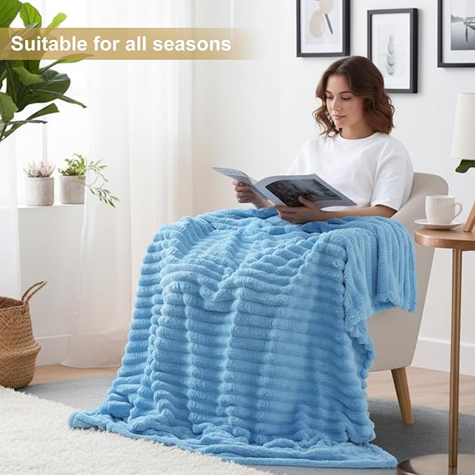decorUhome Soft Fleece Blue Blanket King Size for Bed, Cozy Fluffy Plush Flannel Large Striped Throws for Couch Sofa, Lightweight Decorative Fuzzy Blanket for Woman, 108x90 Inches