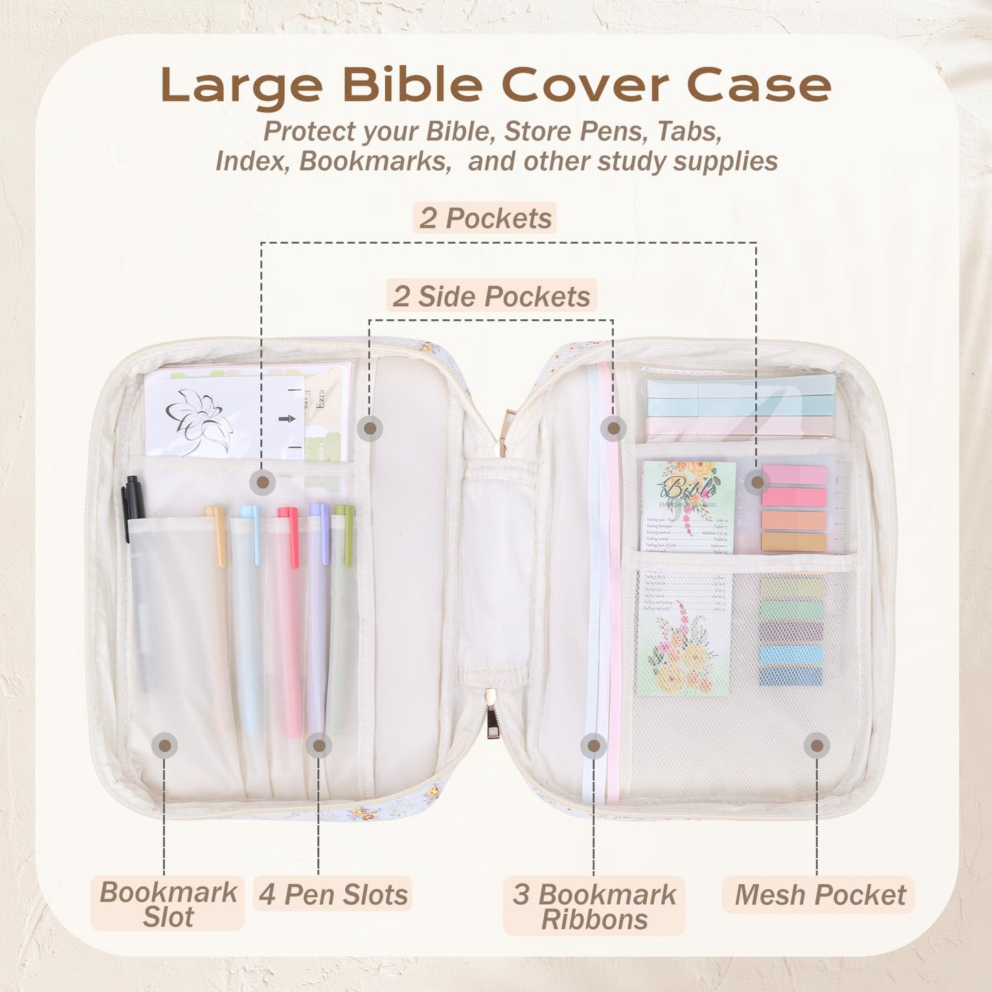 XKDOUS Bible Cover Case for Women Large Bible Bag w/Handle, Tabs, Pens, Study Supplies Organizer Journaling Kit Quilted Book Carrying Case Christian Gifts for Mom, Lady, Friends