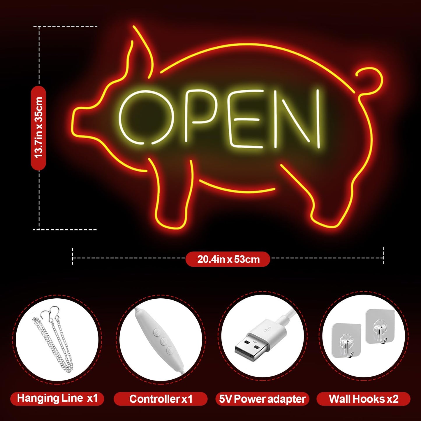 Pig Open Neon Sign, Business Shop lamp Pig Open Led Wall Hanging Custom Restaurant Kitchen BBQ LED Lights Wedding Birthday Party Decor, Business Room Accessories Neon Sign