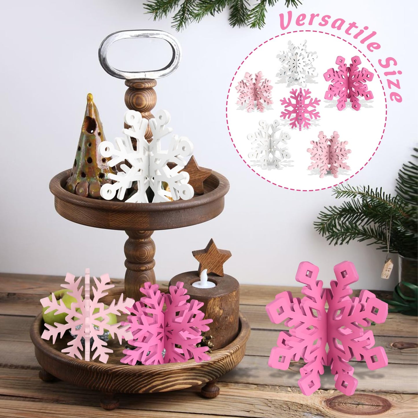 OuMuaMua 12 Set Snowflake Christmas Table Decorations - 24pcs Pink White Wooden 3D Snowflake Decor Tabletop Centerpieces for Christmas Party Supplies Home Decor