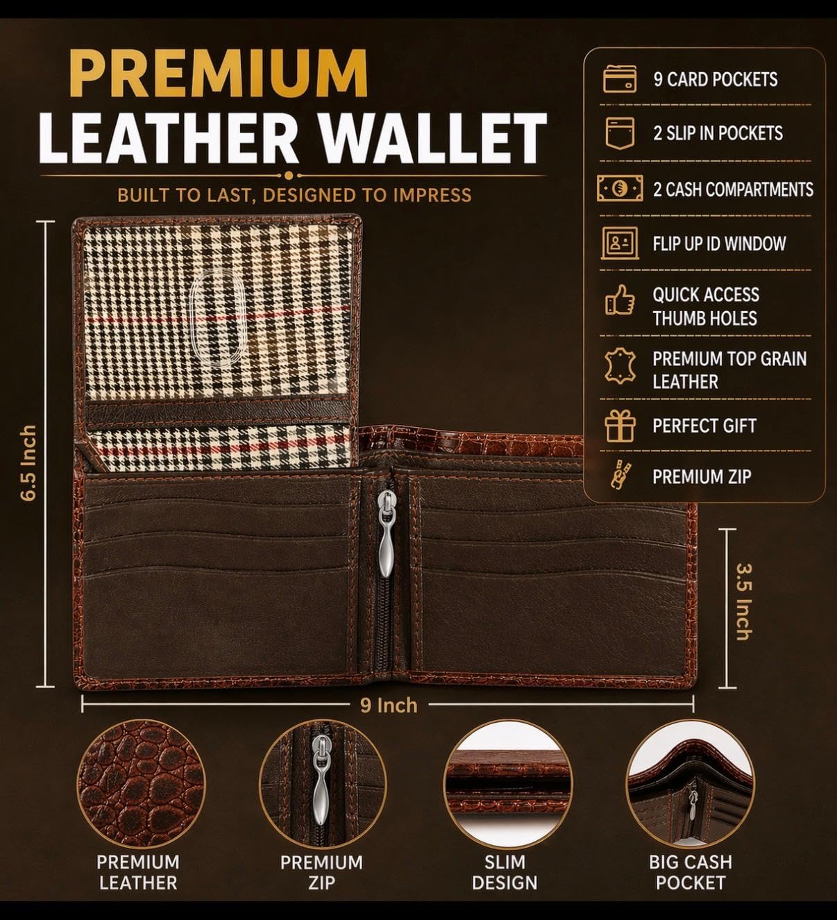 Beaaric Men’s Leather Wallet RFID Blocking Slim Bifold Wallet for Men with 9 Card Slots, 1 ID Window, 2 Hidden Pockets, Zip Coin Pocket & 2 Cash Compartments Stylish Brown Crocodile Pattern