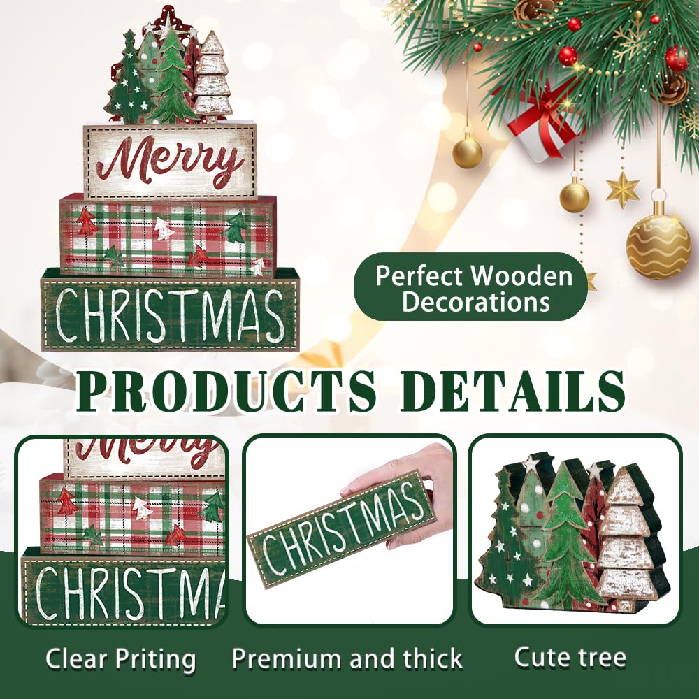 DIYDEC 4Pcs Christmas Table Decoration Green Tree Wooden Block Sign Christmas Tiered Tray Decor Winter Centerpiece Decorative Sign for Xmas Holiday Tabletop Coffee Fireplace Shelf Desk Party Decor