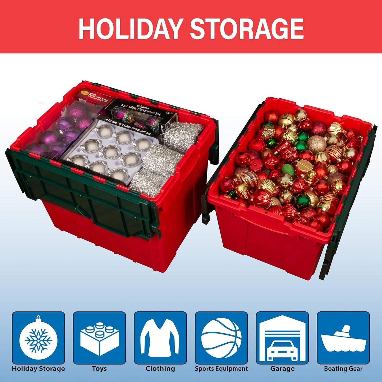 Akro-Mils KeepBox 12 Gallon Storage Container, Nesting and Stackable Plastic Storage Box with Lid Attached, Organizer Tote for Garages, Closets, and Moving, 21-1/2" x 15" x 12-1/2", Red/Green