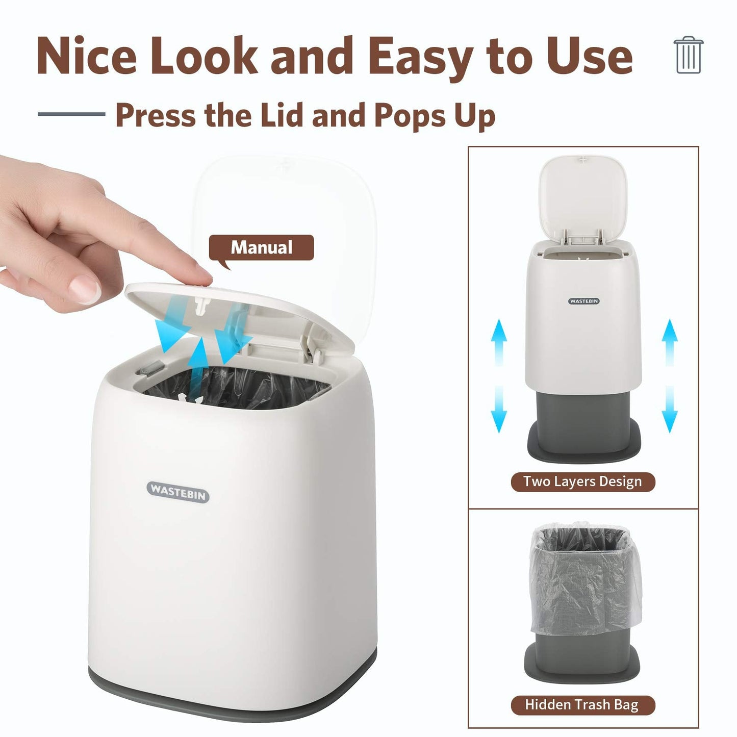 XCX Mini Countertop Trash Can with 3 Rolls of Trash Bags, Waste Can with Press Type Lid, 1.5 L / 0.40 Gal Wastebasket Dispenser, Bin for Coffee Table, Bathroom Vanity Top (White)