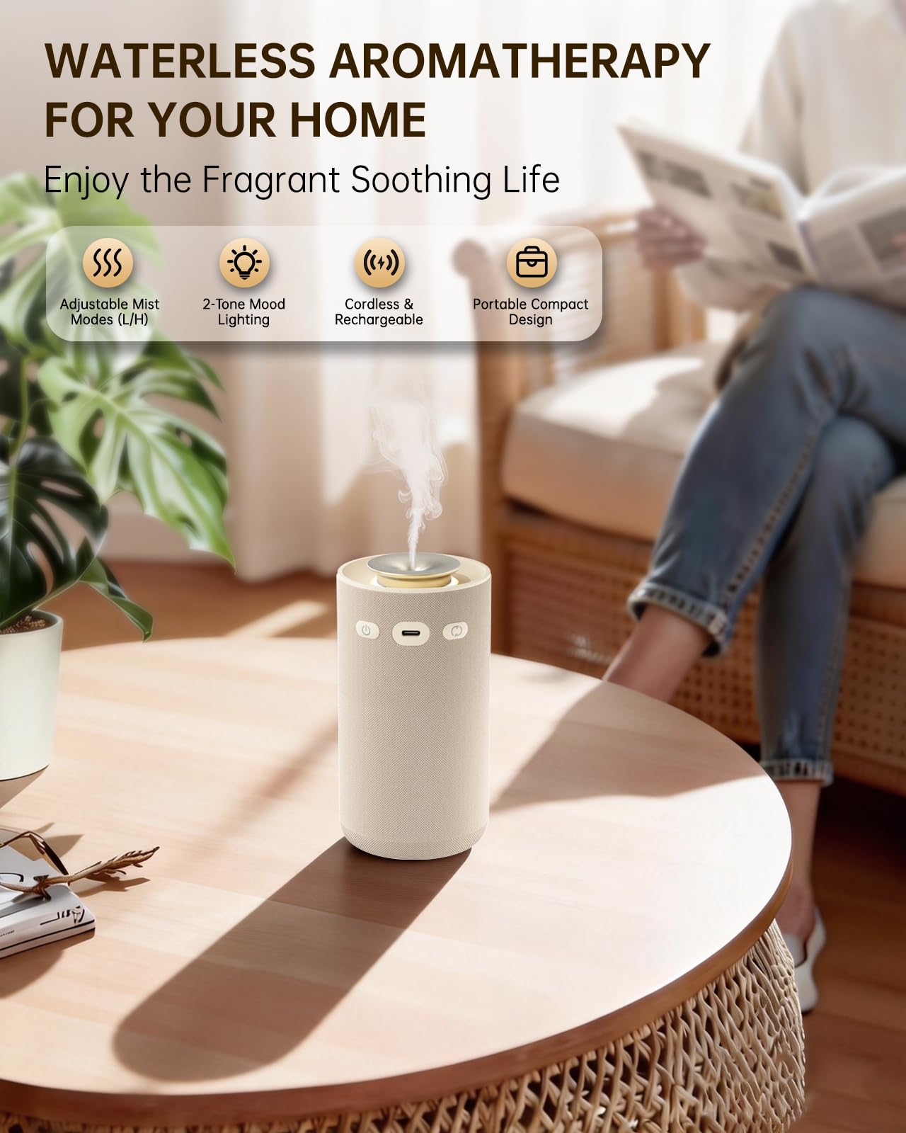 Waterless Essential Oil Diffuser,Portable Car Aromatherapy Diffuser,Rechargeable Cordless Scent Device with Fabric Design,Adjustable Mist & Ambient Light for Home, Office, Travel (Beige)