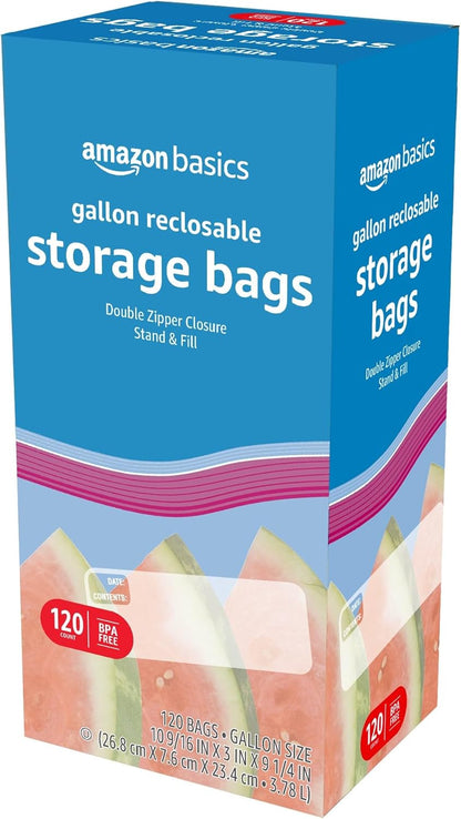 Amazon Basics Reclosable Gallon Food Storage Bags, BPA Free, 120 Count