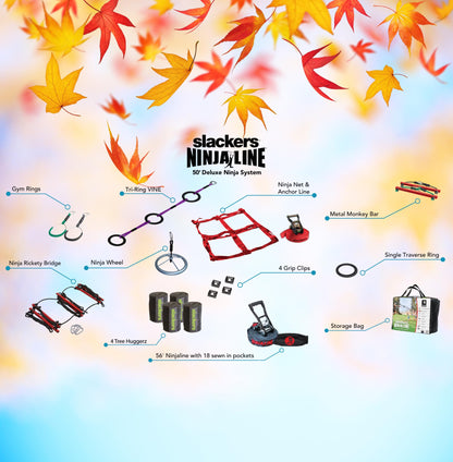 Slackers Deluxe Ninjaline Kit 56 ft with 9 Hanging Obstacles - Best Outdoor Ninja Warrior Training Equipment for Kids - Build Your Very Own Backyard Ninja Obstacle Course - Rated Ages 5+