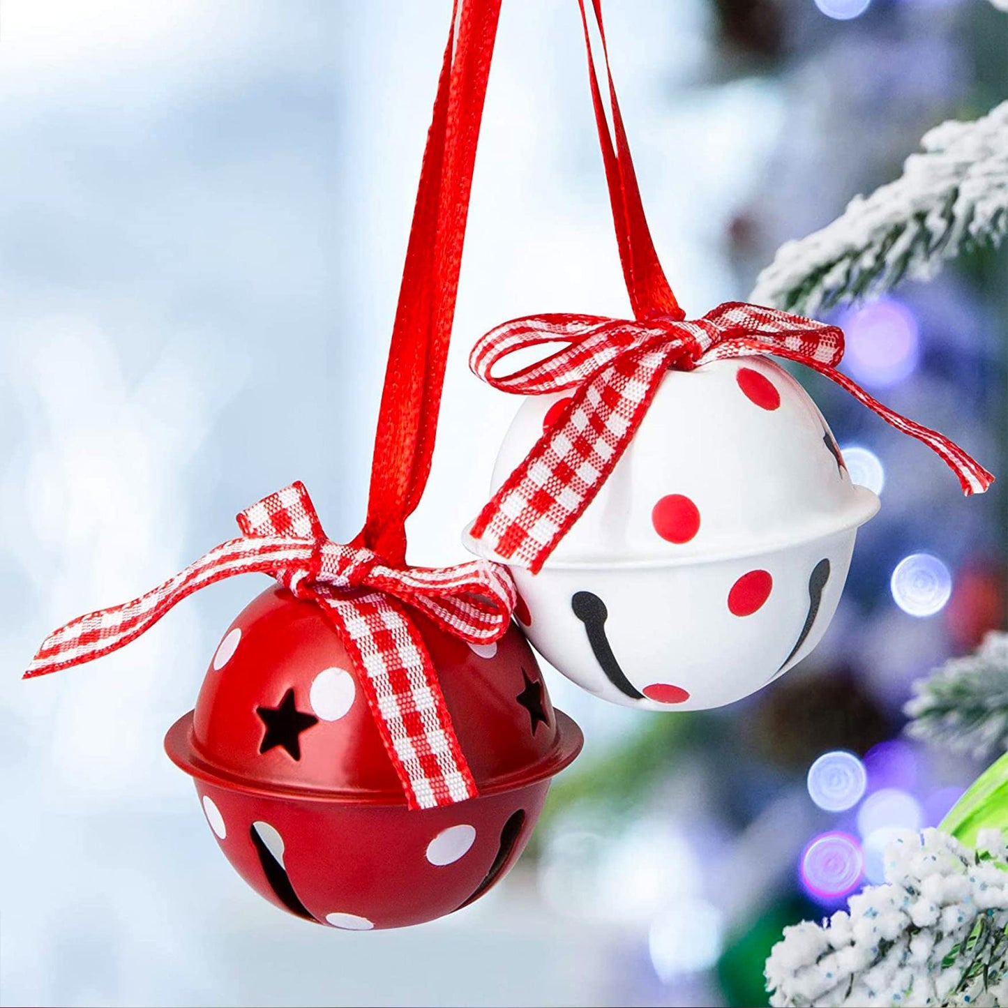 Christmas Jingle Bells 2" Star Cutouts Metal Decorative Bells with Ribbons for Xmas Tree Ornaments Wreath Festival Crafts Home Decorations (12 Pcs)