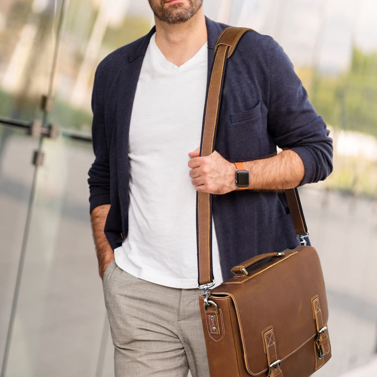 Polare Full Grain Leather Adjustable Replacement Shoulder Strap with Metal Hook for Briefcase Messenger Shoulder Duffel Bag Light Brown