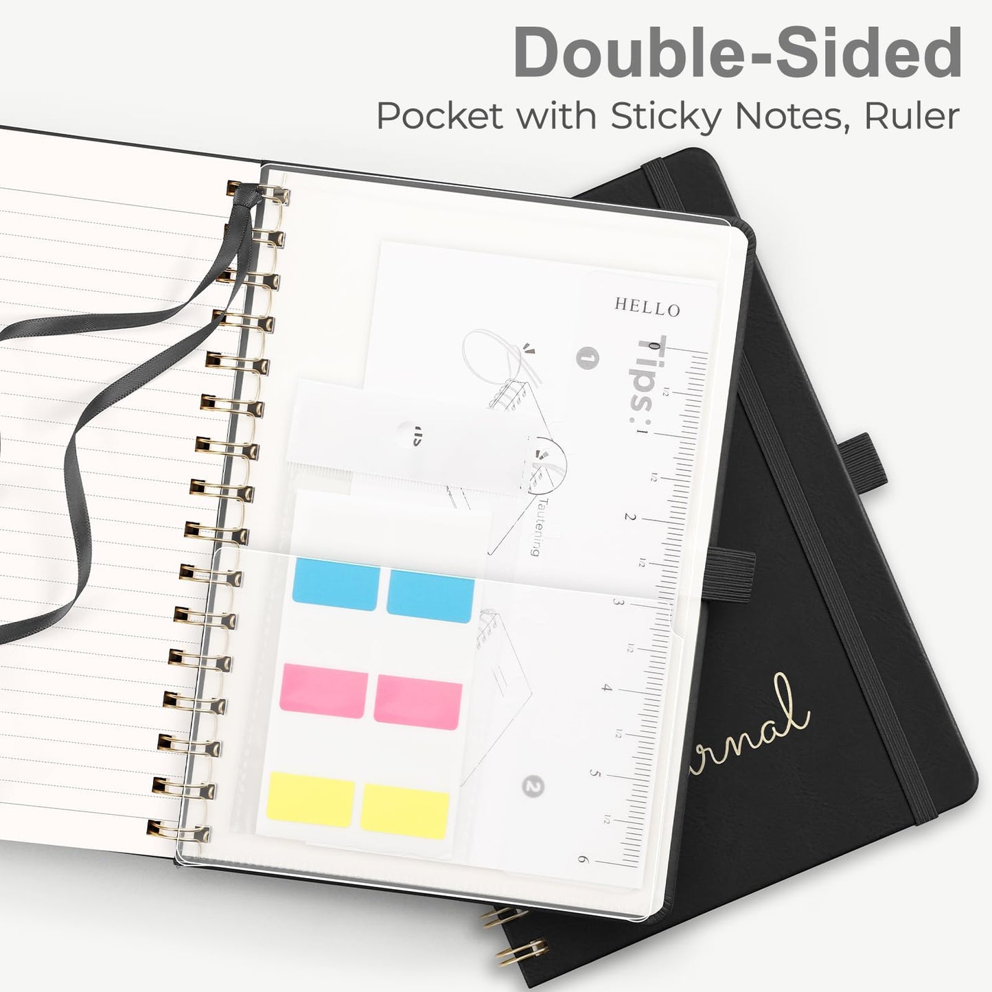 EMSHOI A4 College Ruled Spiral Notebook, Large 8.27"x11.2", 110 Numbered Pages, 100GSM Ink-Proof Faux Leather Hardcover Lay-Flat Lined Journal for Work Office School Writing, Black