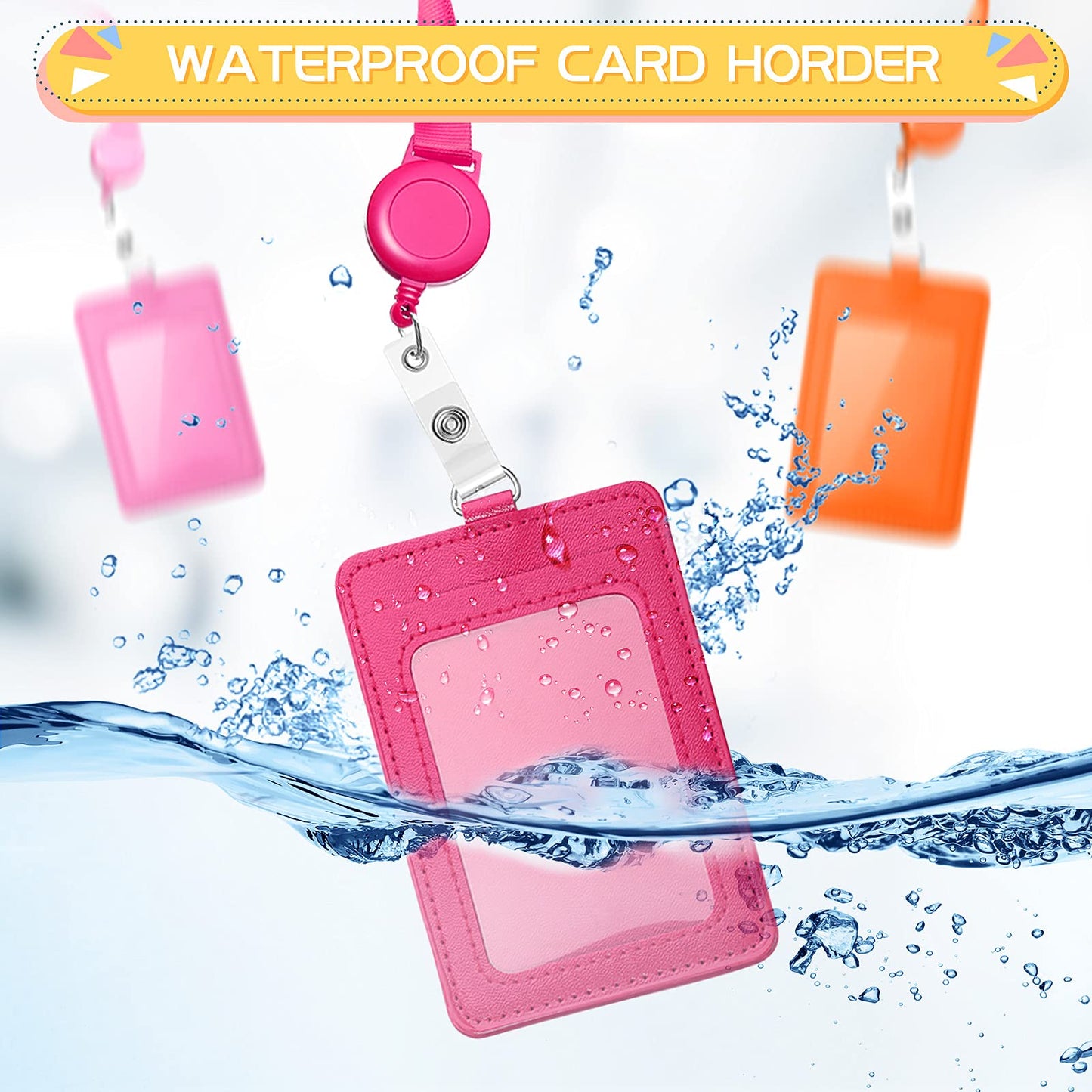 12 Sets ID Holder Badge with Lanyards Retractable Name Badge Reel PU Leather Waterproof Clear Card Holder with 1 Transparent ID Window 1 Credit Card Slot for Women Men Nurse School Office (Vertical)