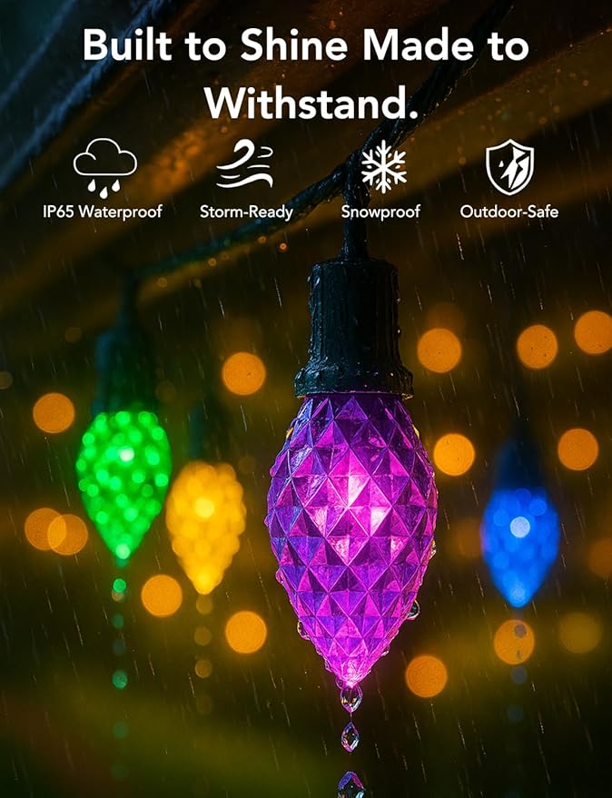 Popotan C-9 LED Christmas Lights Outdoor, 33FT 50 LEDs Smart RGB String Lights with App Remote Control, 108 Modes, Waterproof for Porch, Fence, Holiday Decoration,Halloween Lights