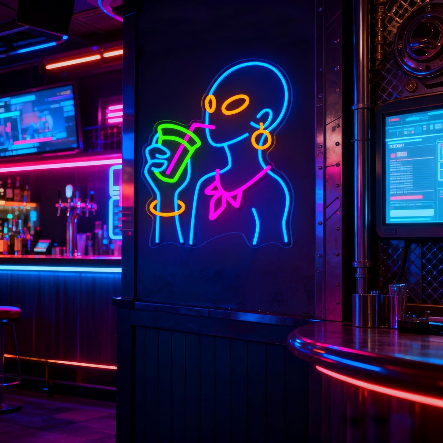 Drinking Neon Signs for Wall Decor, Boho Figure LED Wall Art for Home Bar Decor, USB Dimmable Neon Lights, Housewarming, Birthday, Christmas Gift (Alien Blue)