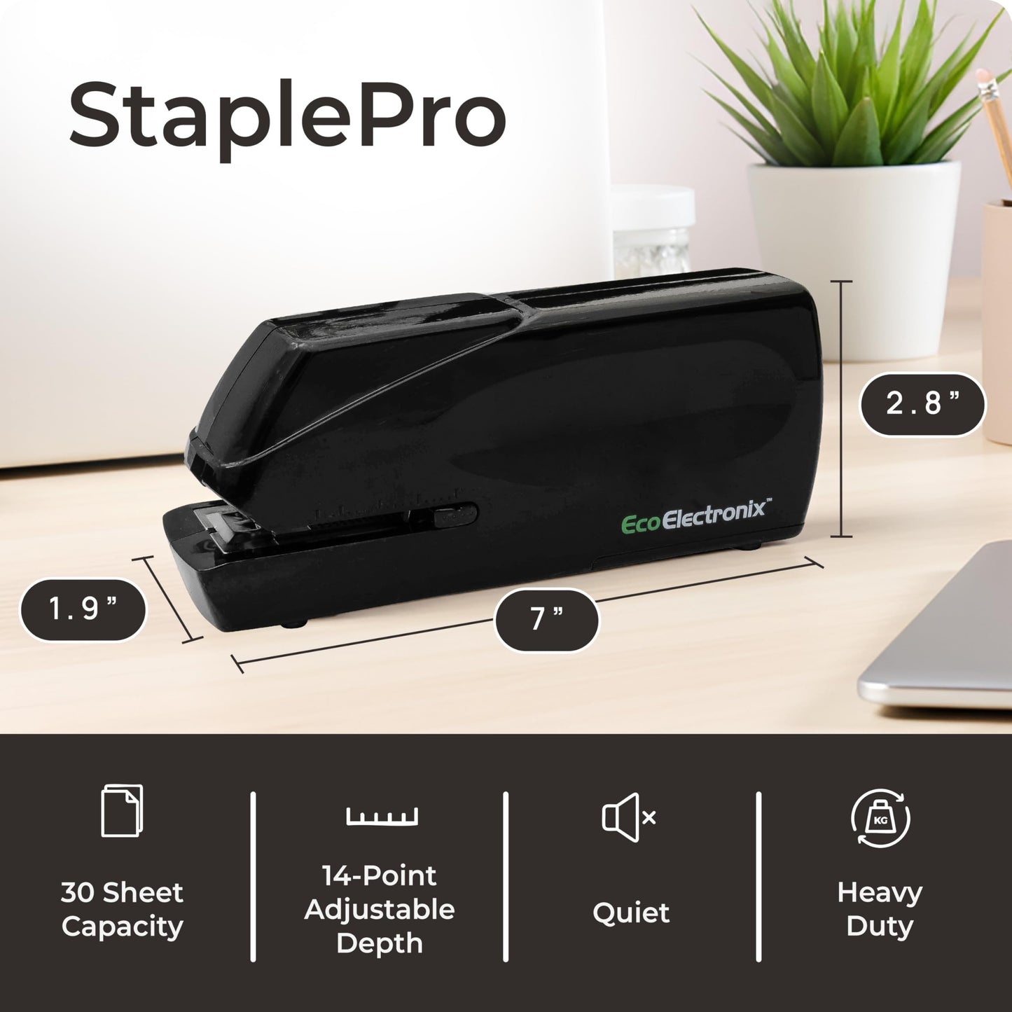 EcoElectronix Portable Stapler Bundle - 30 Sheet Capacity, Quiet Operation, Jam-Free and Easy Reload - AC Adapter/Battery Powered