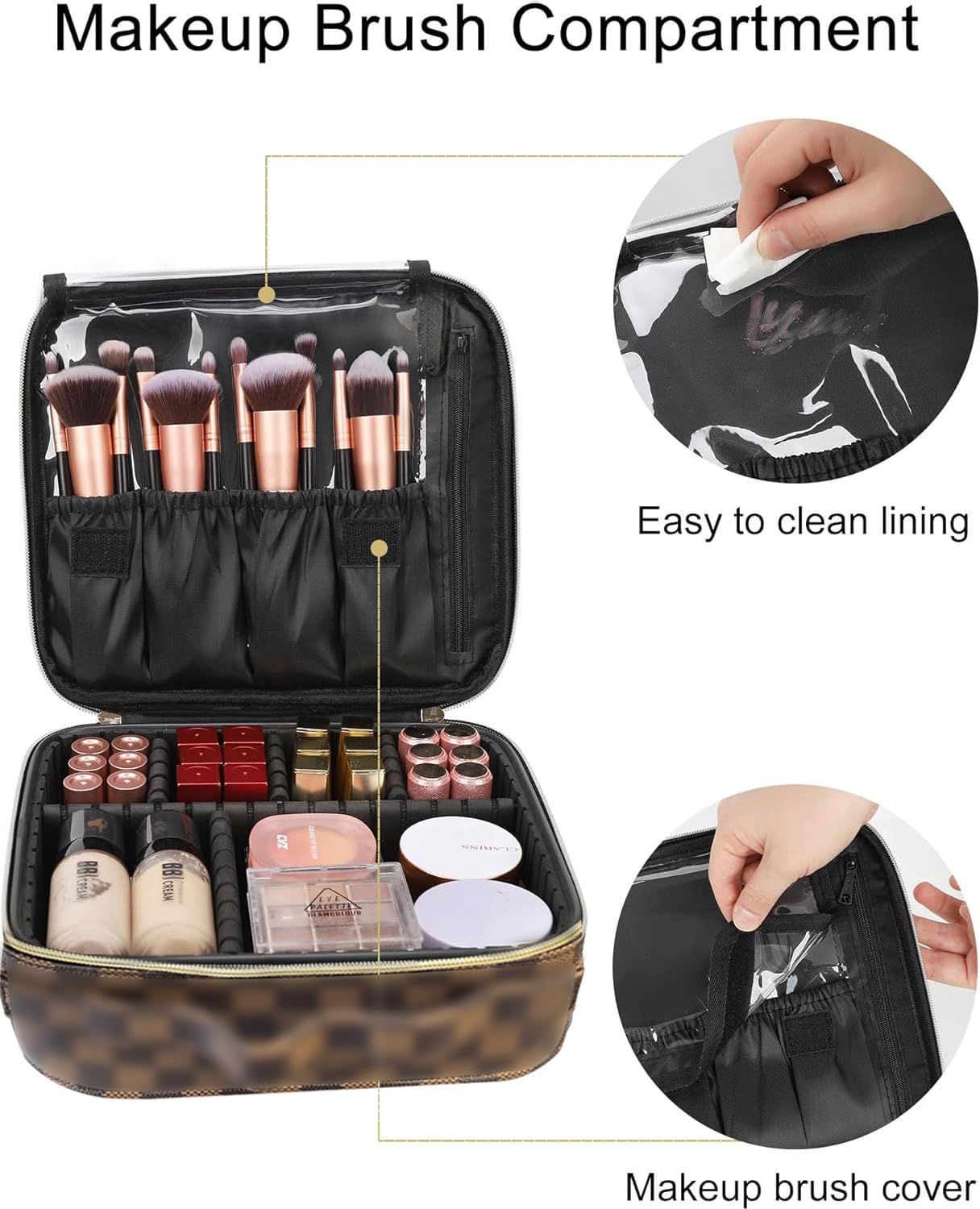WANNES Brown Checkered Makeup Bag Organizer Travel Cosmetic Case with Brush Storage | Large Capacity Makeup & Skin Care Organizer with Adjustable Dividers | Stylish PU Leather Designer Vanity Bag