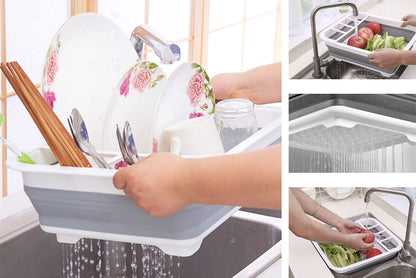 Ahyuan Collapsible Dish Drying Rack Portable Dinnerware Drainer Organizer for Kitchen RV Campers Travel Trailers Space Saving Kitchen Storage Rack Tray (with Drainboard)