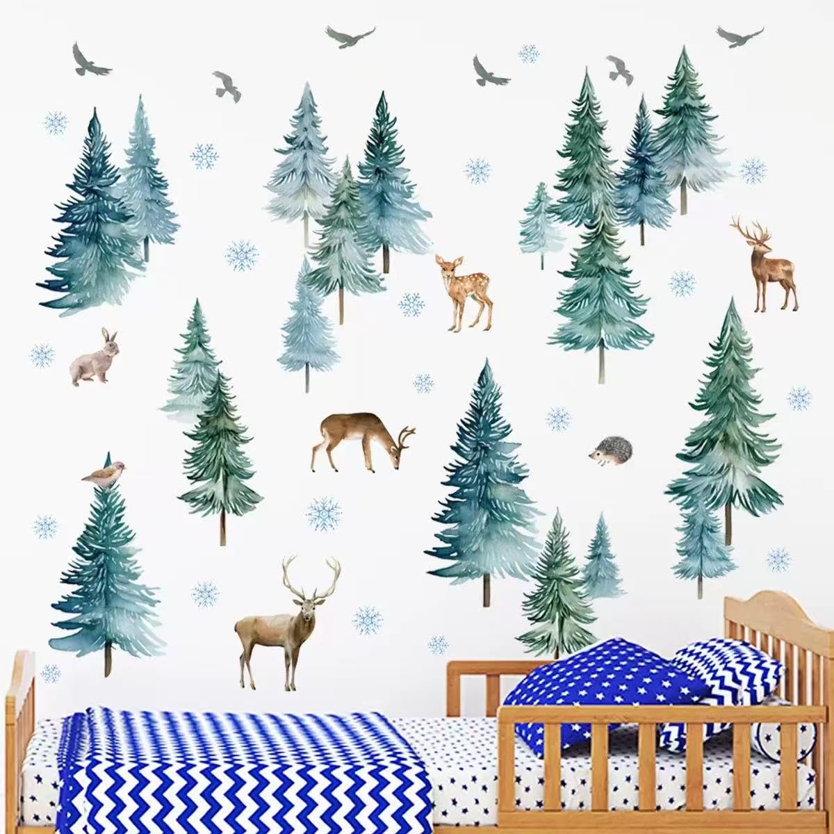 MuralMood Large Christmas Tree Wall Stickers， Pine Tree Forest Deer Elk Kids Bedroom Holiday Decor，Xmas Snowflakes Woodland Animals Birch Birds for Nursery Living Room Offices Home Bedroom