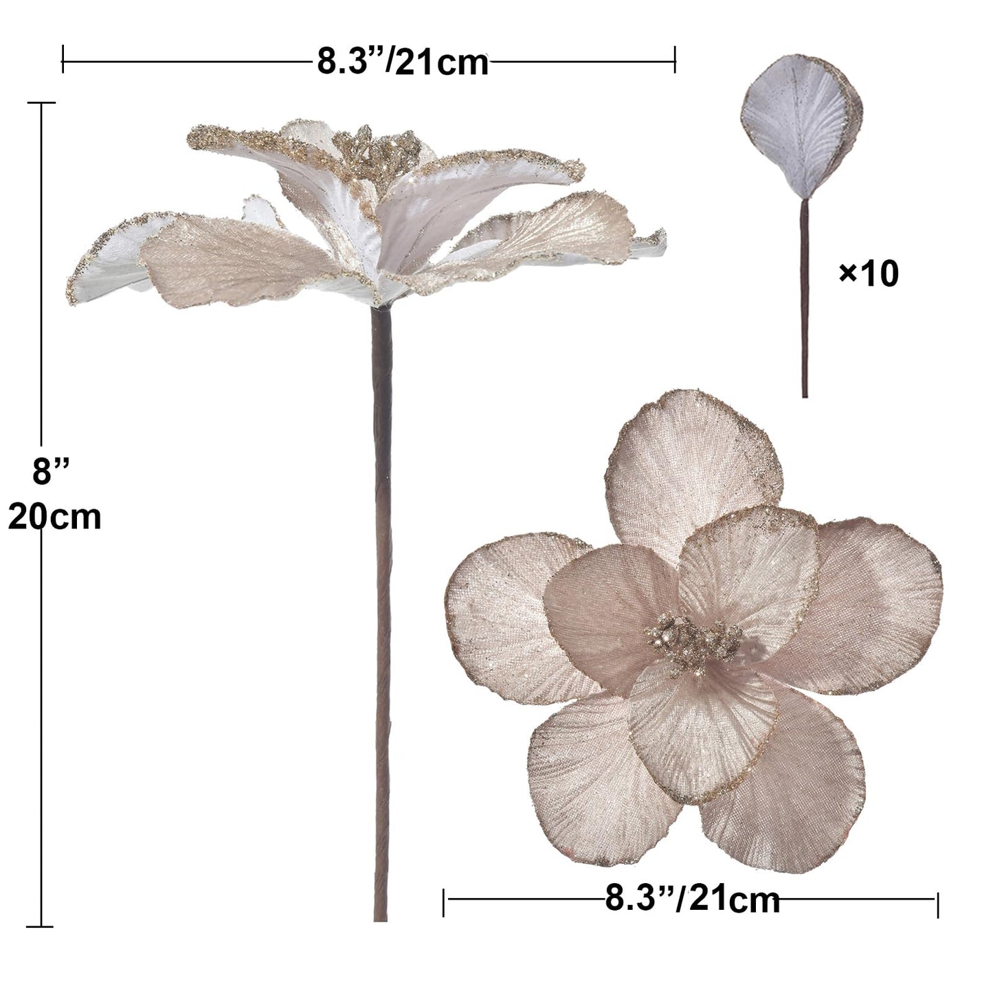YSZL Christmas Poinsettias Artificial Magnolia Flower Ornaments Floral Picks Stems Christmas Tree Decorations Pack of 10 for Xmas Tree Party Wedding Centerpiece (Champagne)
