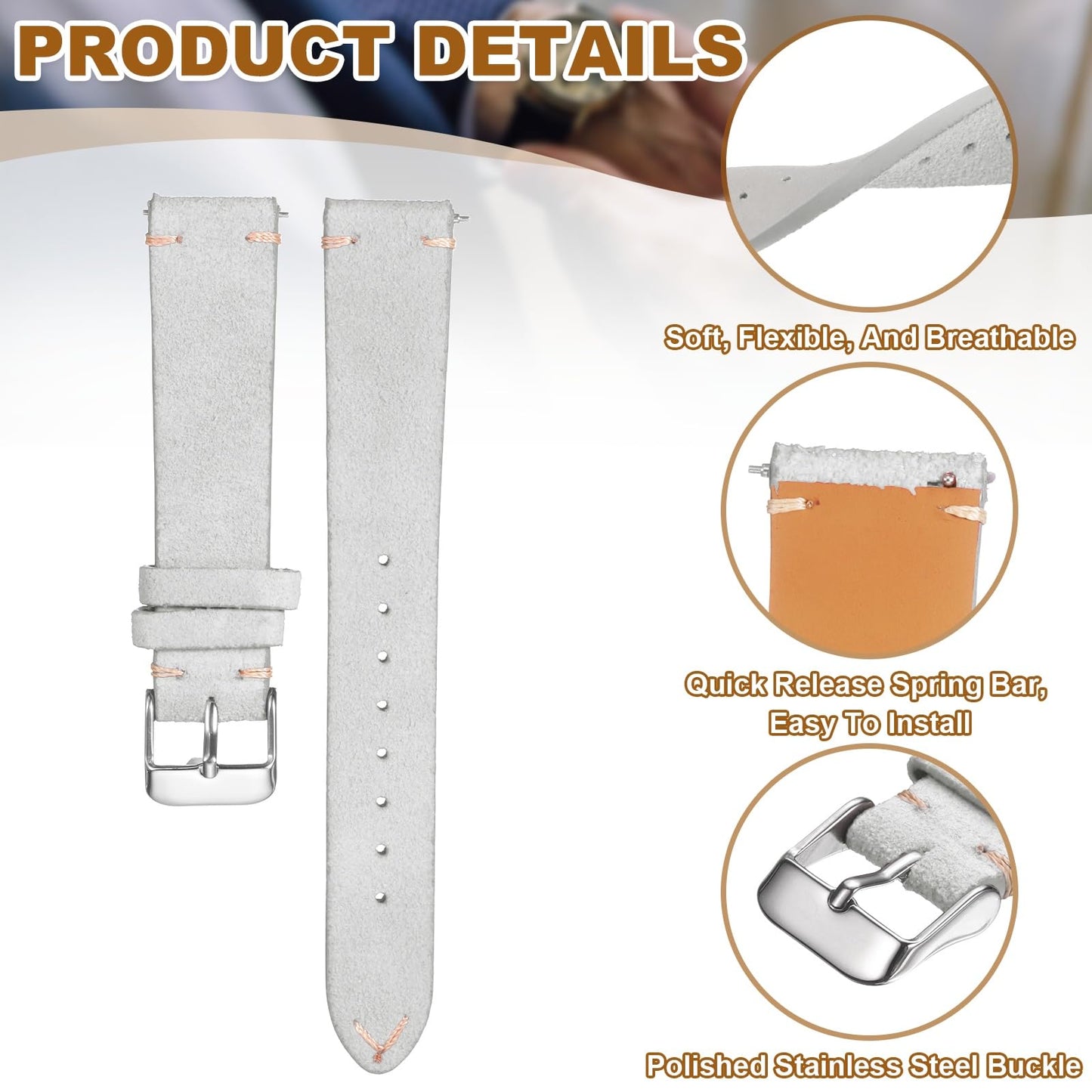 HARFINGTON Leather Watch Band 19mm Width Watch Strap Top-Grain Suede Cowhide Wrist Bands Replacement with Stainless Steel Buckle for Men Women, Light Gray