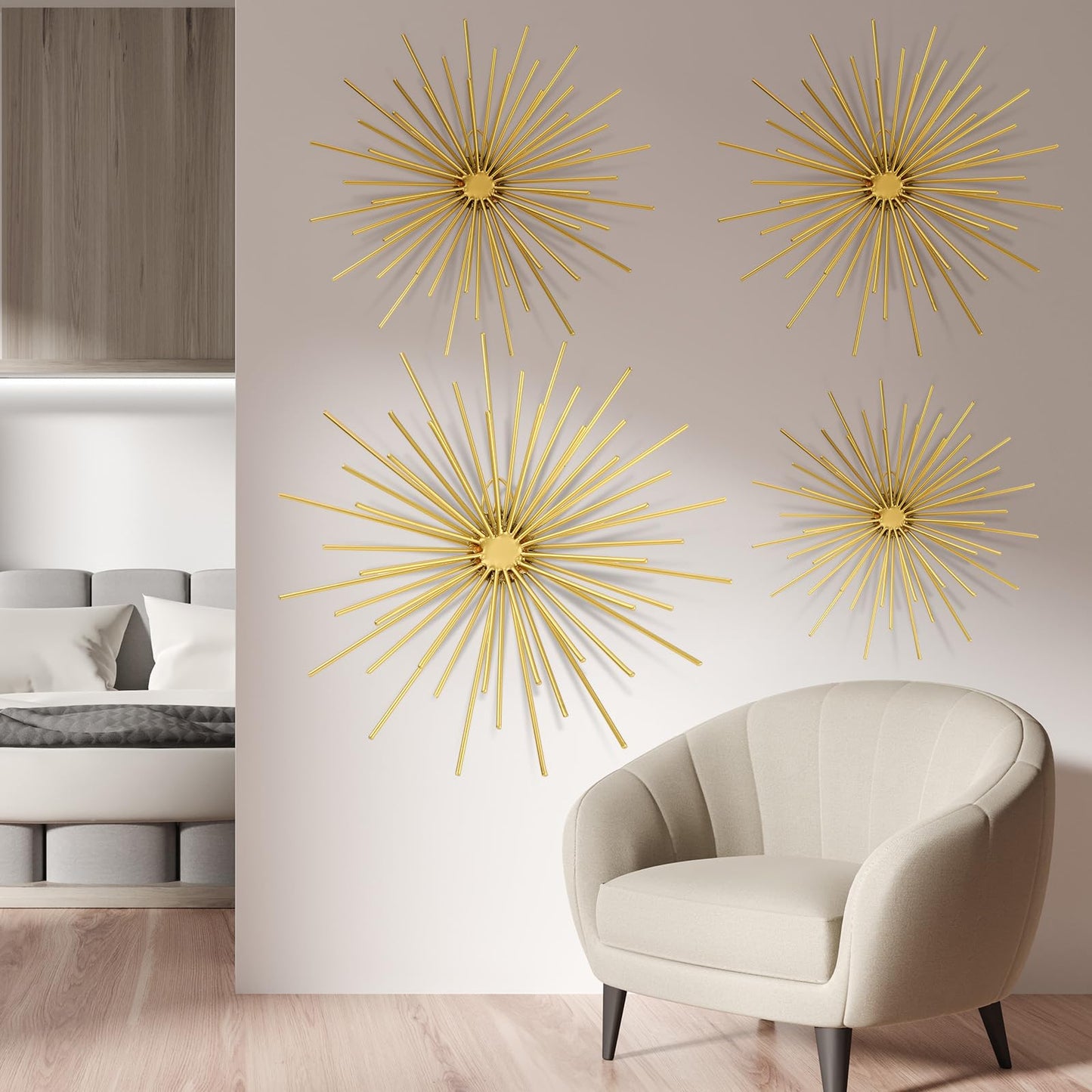 Shimeyao 4 Pcs Metal Starburst Wall Decor Gold Metal Wall Art 3D Spike Bling Finish Star Burst Hangings Accents Sculptures Set Modern Mid Century Decorations for Living Room Bedroom Entryway