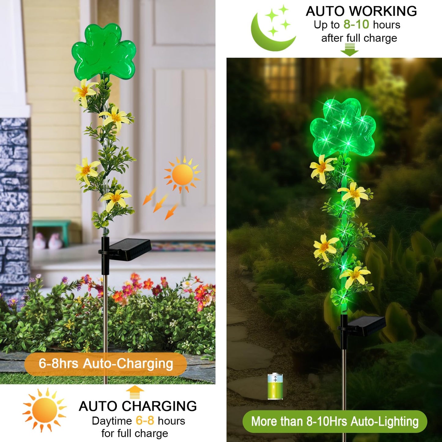 Hokfirm ST Patrick's Day Decorations Outdoor,2 Pack Shamrock Solar Lights Outdoor,Solar Powered Green Fairy Lights Holiday Decorations for Yard,Lawn,Garden Stkae