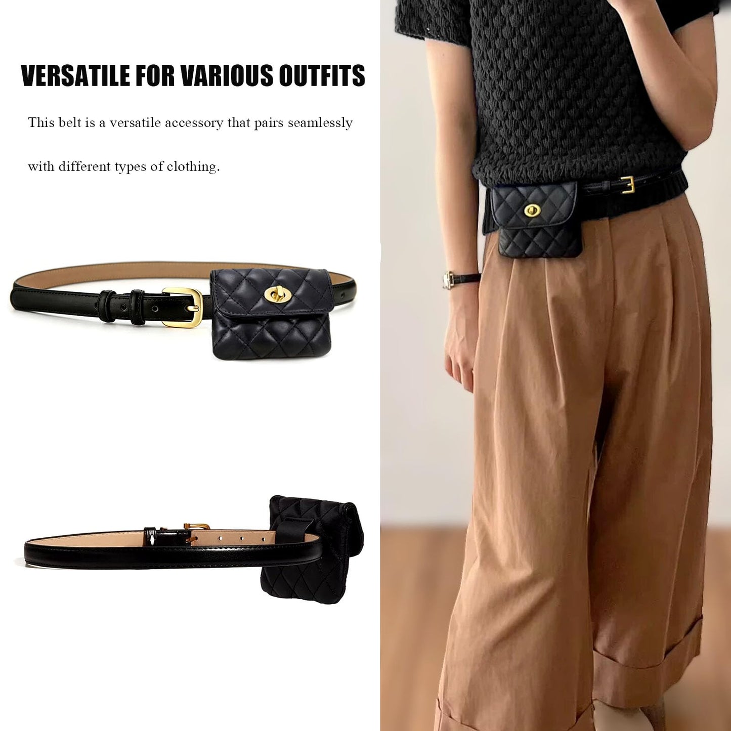 ORUIVO Women's Leather Belt with Mini Pouch, Adjustable Detachable Trendy Fanny Pack - Ideal for Dresses (Black)