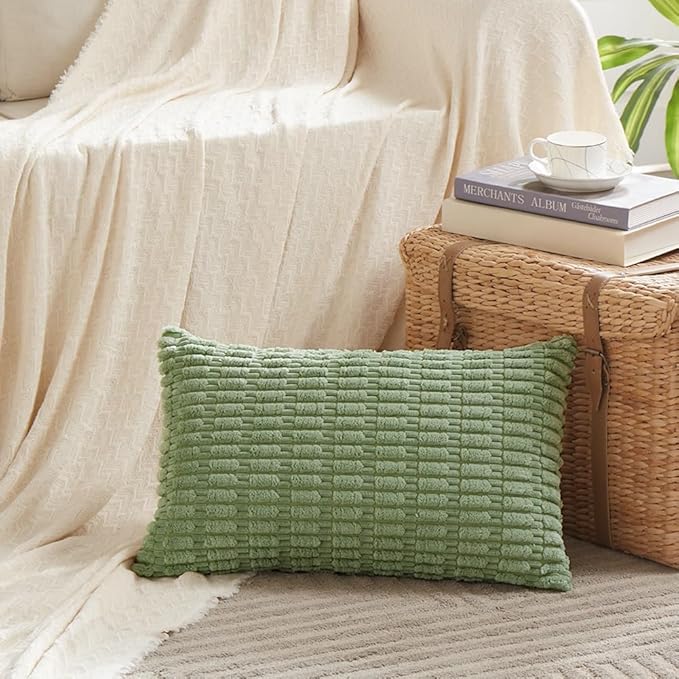 Fancy Homi Sage Green Lumbar Decorative Throw Pillow Covers 12x24 Inch for Living Room Couch Bed Sofa, Rustic Farmhouse Boho Home Decor, Soft Striped Corduroy Rectangle Cushion Case 30x60 cm