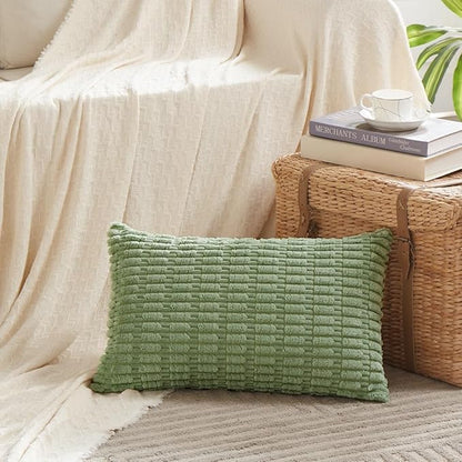 Fancy Homi Sage Green Lumbar Decorative Throw Pillow Covers 12x24 Inch for Living Room Couch Bed Sofa, Rustic Farmhouse Boho Home Decor, Soft Striped Corduroy Rectangle Cushion Case 30x60 cm