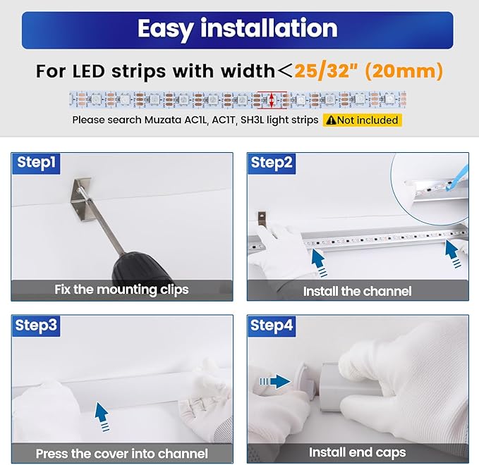 Muzata 10Pack 3.3FT/1M Plus-Size Spotless V Shape LED Channel Silver Aluminum LED Diffuser Channel with Milky White Cover V101 WW 1M