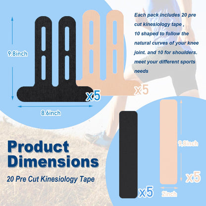 20 PCS Waterproof Kinesiology Tape for Shoulders/Knees,Precut Strips for Knee Pain Relief & Stability Support, Latex-Free Hypoallergenic Sports Athletic Tape Knee Brace (Black and Beige)