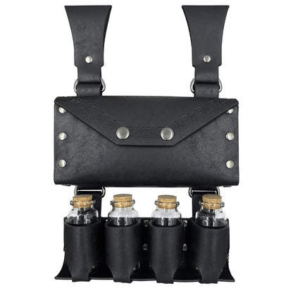 HiiFeuer Medieval Alchemy Faux Leather Belt Bag with 4 Cork Potion Vials, Fantasy Wizard Waist Pouch Side Pack for Ren Faire (Black A)