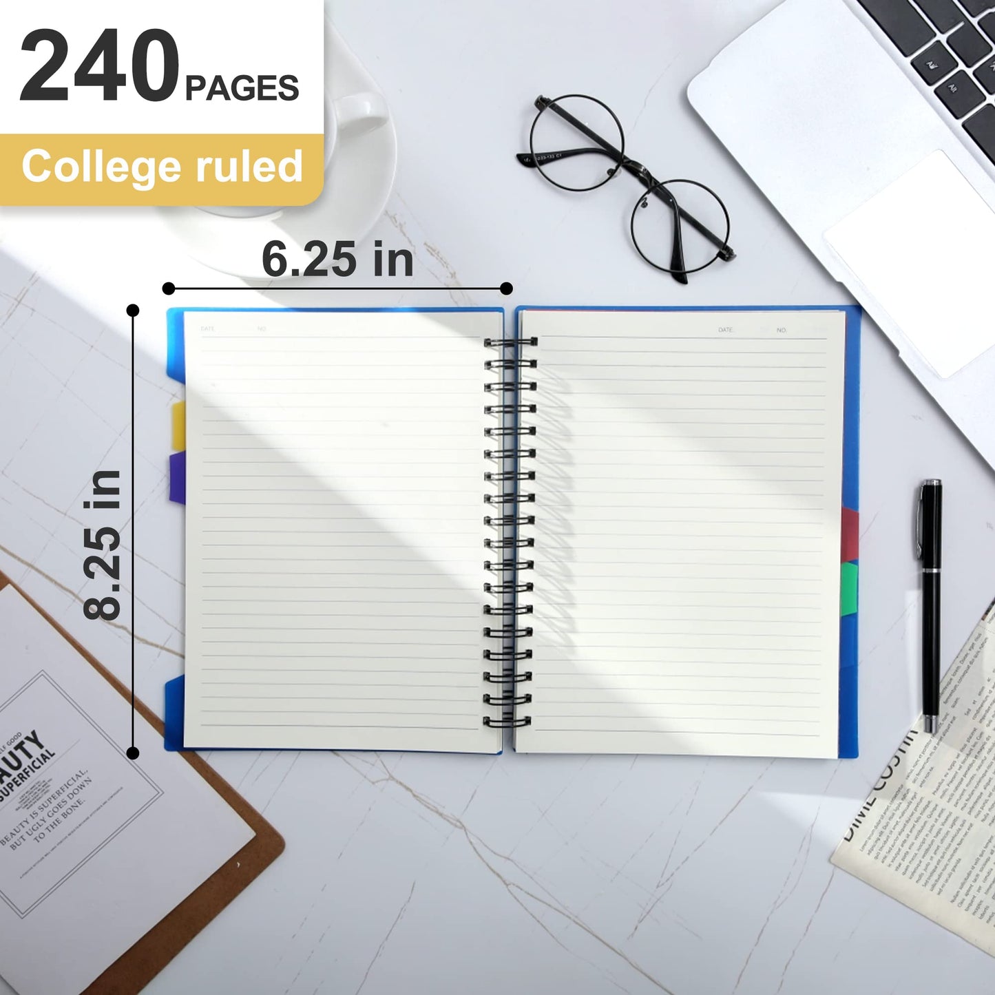 CAGIE Spiral Notebook 5x7 Small Notebooks College Ruled 5 Subject Notebook with Dividers A5 for Work Office School Supplies Journal, 240 Pages/ 120 Sheets, Blue