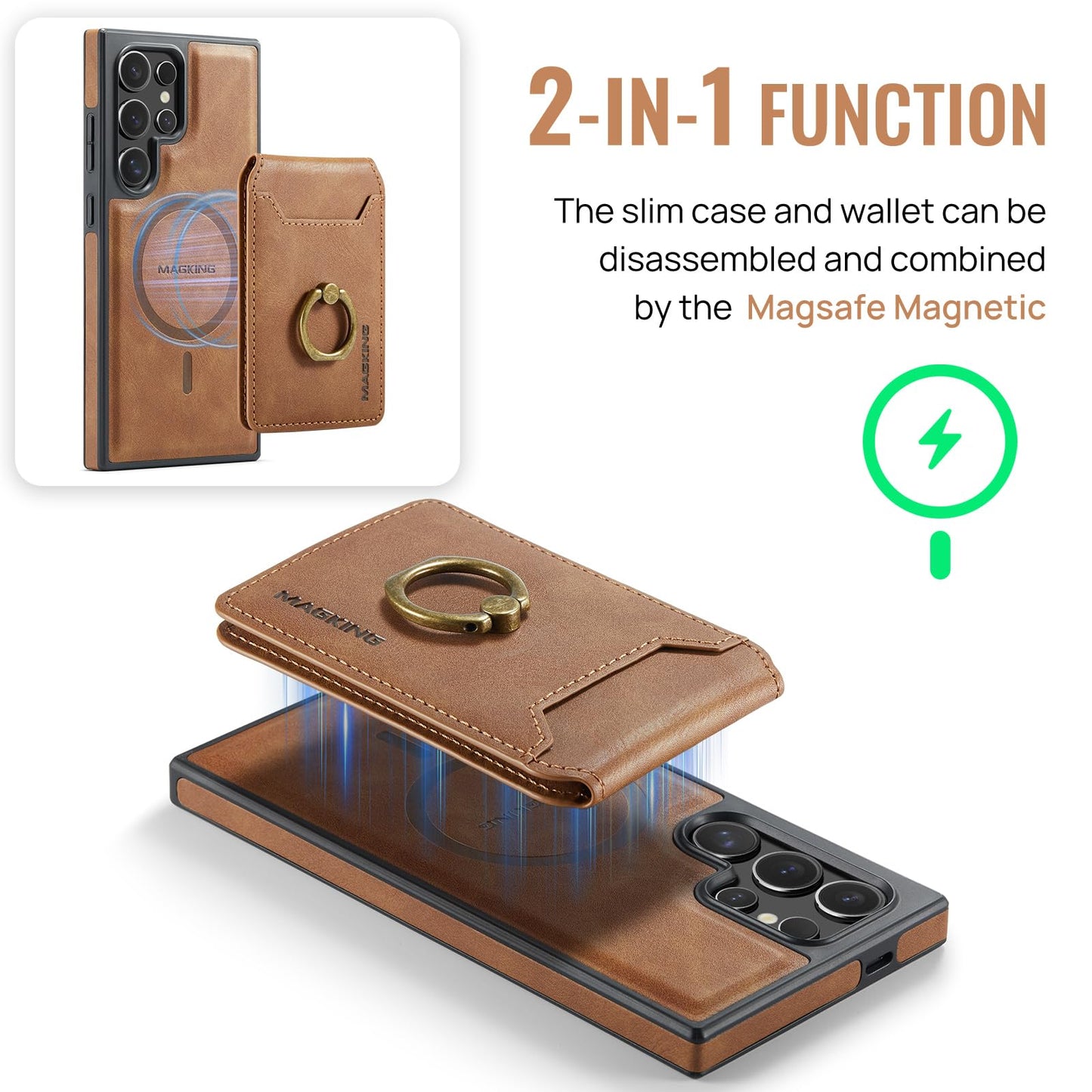 Konstreet for Samsung Galaxy S26 Ultra 2 in 1 Detachable Card Bag Wallet Case Durable Leather Wallets Magnetic Card Holder 4 Card Slots Ring Stand RFID Blocking Brown