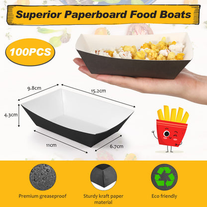 Yinkin 100 Pcs 2lb Paper Food Trays Boat 2lb Disposable Nacho Trays Kraft Paper Boat for Tacos Concession Easter Graduation Birthday Wedding Christmas Halloween Valentine Party Supplies(Black)