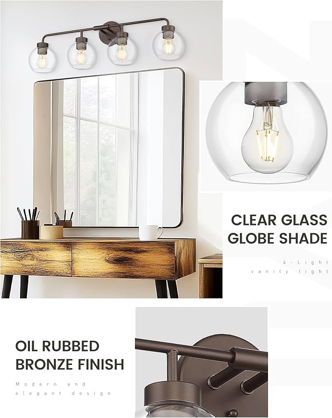 zeyu 32 Inch Oil Rubbed Bronze Vanity Light, 4-Light Bathroom Light Fixture, Vanity Lighting Fixtures with Clear Glass Globe Shade, ZS62BG-4W ORB