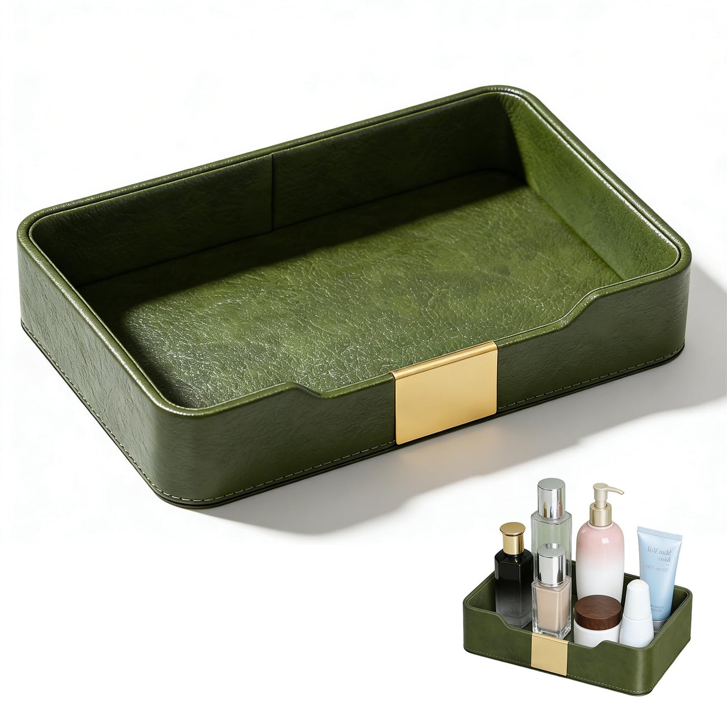 HPZIHYNAP Green Luxury Leather Jewelry Tray - Stylish Desk Accessories & Nightstand Organizer for Holding Jewelry, Watch, Keys, Phone & Wallet (Entryway/Desktop Decor)