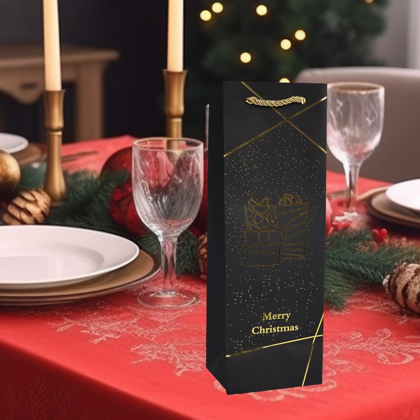 Uptotop Christmas Bottle Bags, 12 Pack Gold Foil Christmas Wine Gift Bags, Xmas Kraft Paper Bags with Rope Handles for Holiday Party Gift Giving