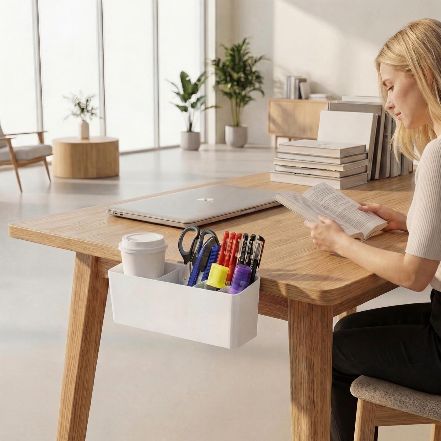 LIPCHEEGO Desk Side Storage, Side Desk Organizer, No Drill Hanging Desk Organizer with 4 Large Pockets, Table Hanging Storage for Office & Home, Fits Flat Table Edge 1.26" (White)
