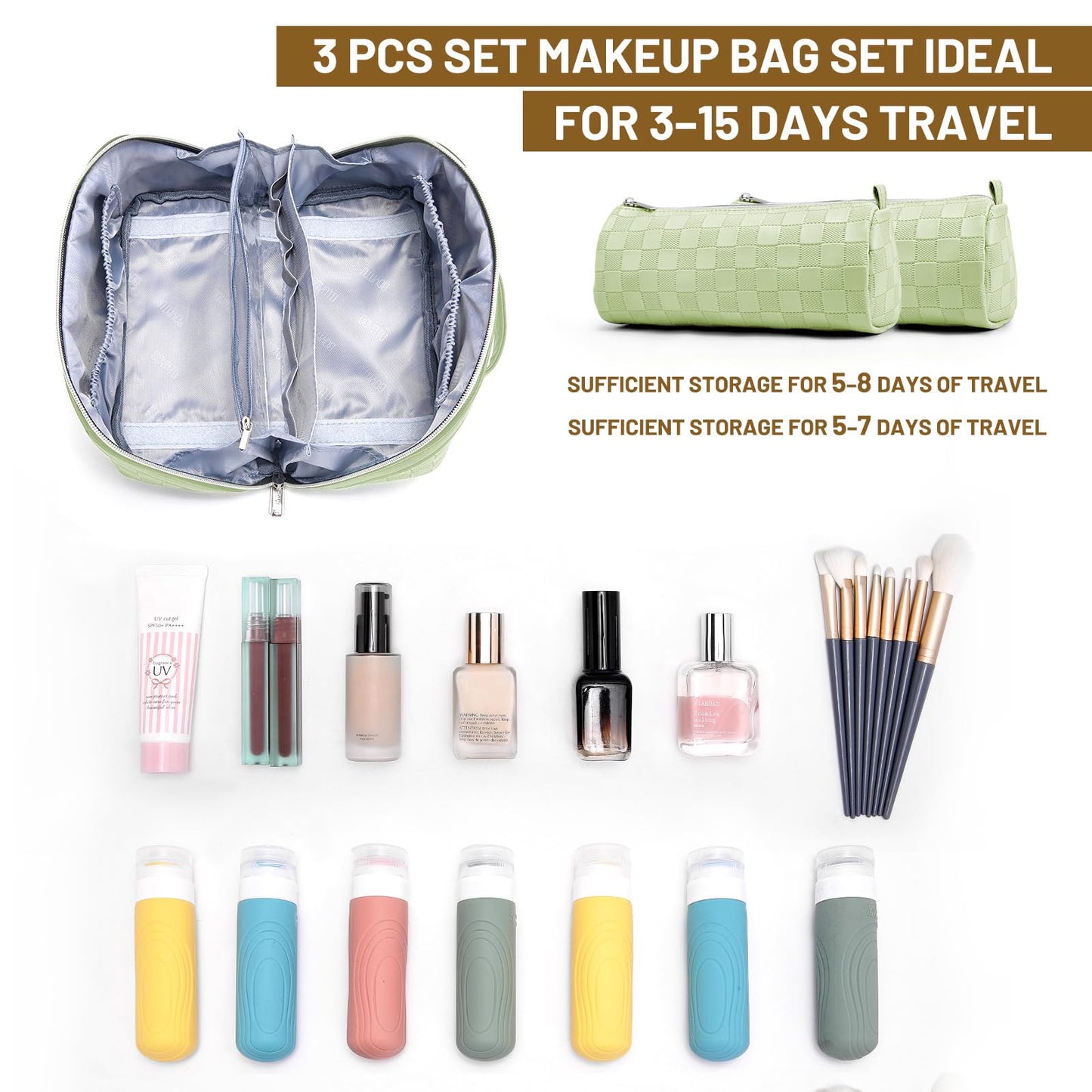 BOYATU Travel Makeup Bag Organizer: 3 Pcs Set Large Capacity Cosmetic Bags Holds 10–20 100ml Full-Size Bottles - 180°Open-Flat Make up Case 3-sec touch-up - Toiletry Bag Gift women (01-D-Green)